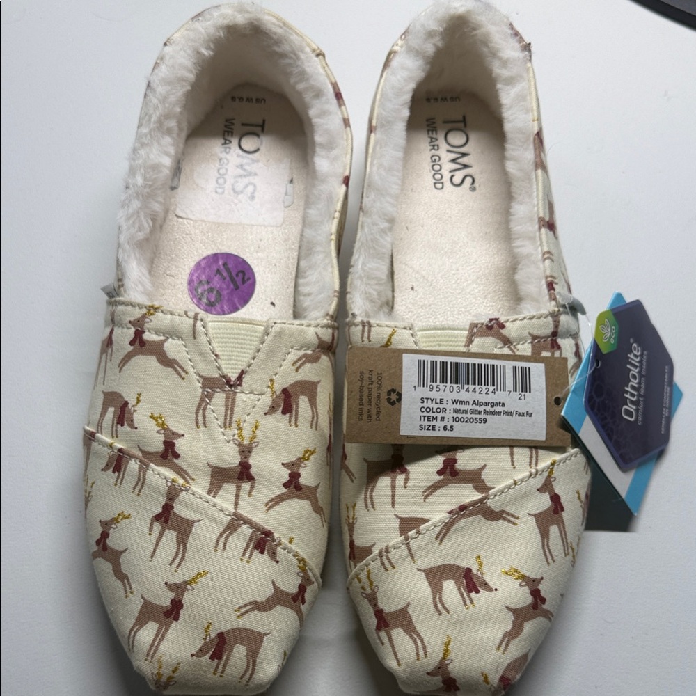 TOMS Cream and Brown Reindeer Slip-Ons